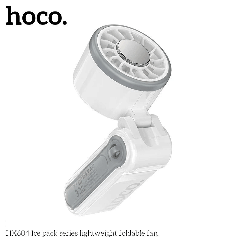 พัดลมพกพา HOCO HX604 สีขาว พร้อมแผ่นทำความเย็น พับได้ 90&deg; ความเร็วมอเตอร์ 10000 RPM แบตเตอรี่ 3000MAH